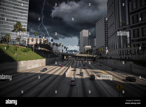 Heavy thunderstorm with lightning. Los Angeles views of the road and ...