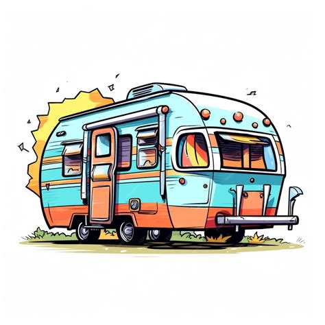 Premium AI Image | a cartoon style drawing of a camper trailer with a sun in the background ...