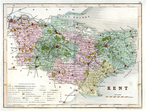 A Coloured Map of Kent circa 1844 by [Drawn and Engraved by J. Archer ...