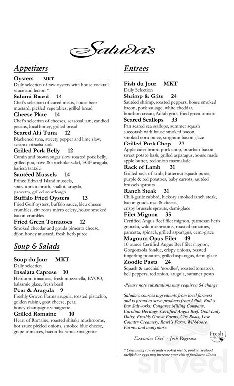 Saluda's Restaurant menu in Columbia, South Carolina, USA