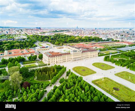 Schonbrunn Palace aerial panoramic view. Schloss Schoenbrunn is an imperial summer residence in ...