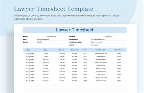 Lawyer Timesheet Template - Download in Excel, Google Sheets | Template.net