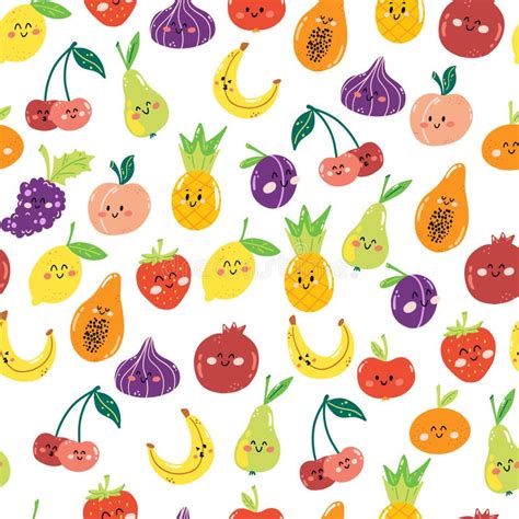 Hand Drawn Seamless Pattern with Cute Kawaii Fruits on White Background ...