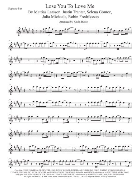 Lose You To Love Me (arr. Kevin Busse) Sheet Music | Selena Gomez | Soprano Sax Solo