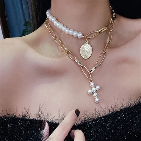 Charm Pearl Choker Necklace Luxury Cross Pendant Necklaces Women Gold Chain Double Layer ...