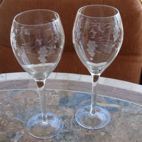 Vintage Wine Glass Glasses Etched Crystal Grape Leaf Stems Two