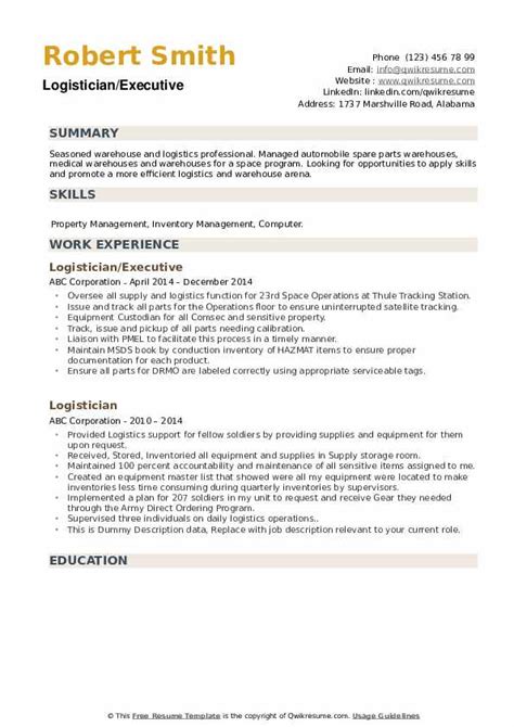 Logistician Resume Samples | QwikResume