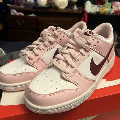 nike low dunks pink foam/ dark beetroot-white size... - Depop