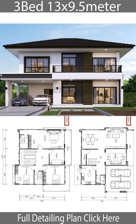 House design plan 13x9.5m with 3 bedrooms - #13x95m #bedro | Beautiful ...