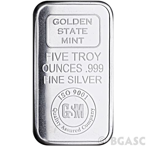 Buy 5 oz Silver Bars Golden State Mint GSM Logo .999 Fine Bullion Ingot ...