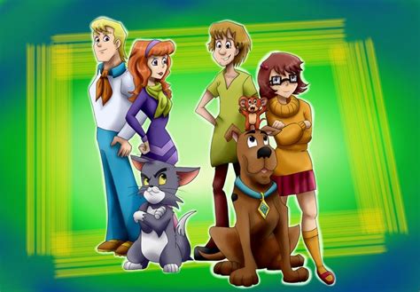 the scooby gang is standing next to each other in front of a green background