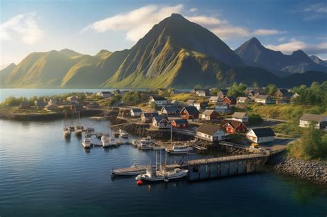 Premium AI Image | Fishing village on Lofoten islands in Norway at sunset