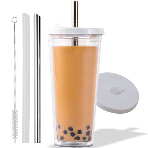 Buy Reusable Boba Cup for Large Size Bubble Tea (24 Oz), Angled Straws ...