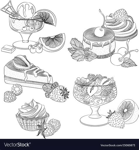 Line art various fruit desserts Royalty Free Vector Image