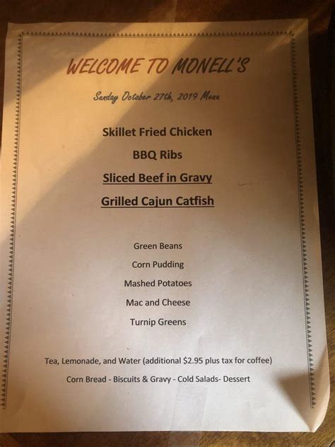 Menu at Monell's At the Manor restaurant, Nashville