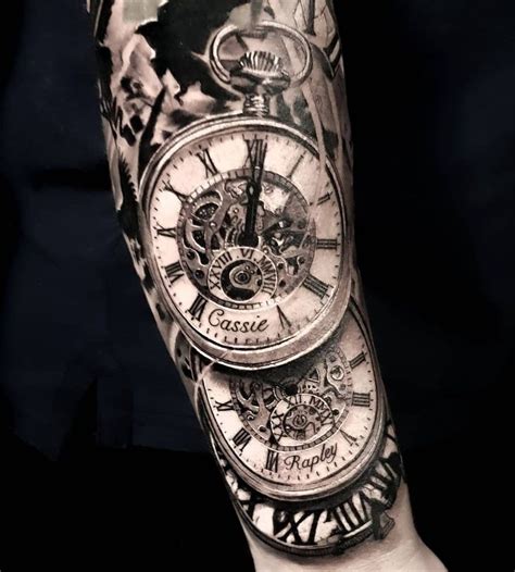 a man's arm with a clock tattoo on it