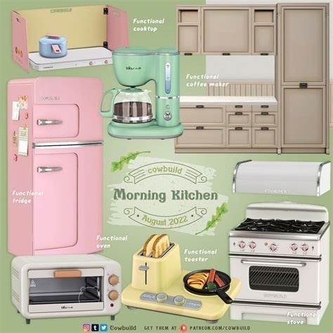 August 2022 Set - Morning Kitchen | Cowbuild on Patreon | Sims 4 kitchen, Sims 4 bedroom, Sims house