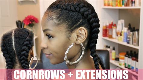 Two Cornrows on Natural Hair + Extensions - YouTube