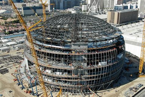 An aerial photo of the MSG Sphere at the Venetian as the structure ...