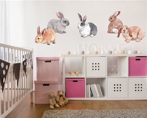 Cute Bunny Nursery Wall Decals, Set of 5 Bunnies, Made From Peel and Stick Removable Wallpaper ...