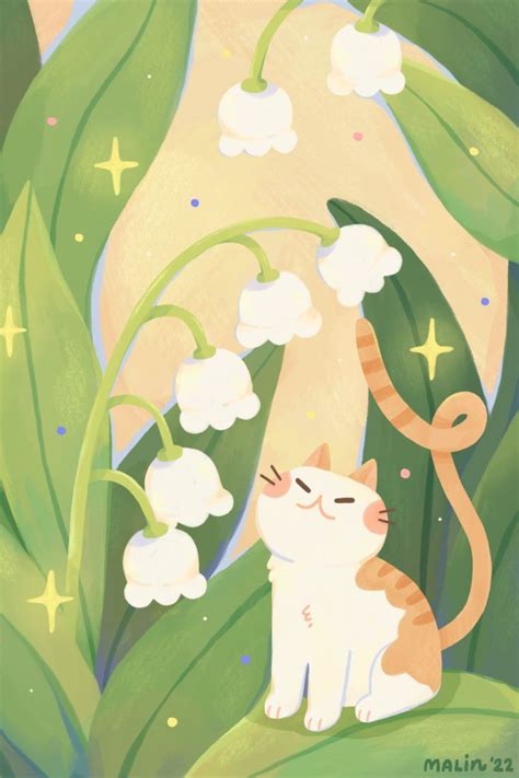 a painting of a cat sitting in front of lily of the valley