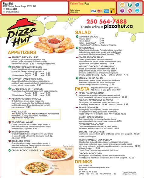 Pizza Hut Printable Menu