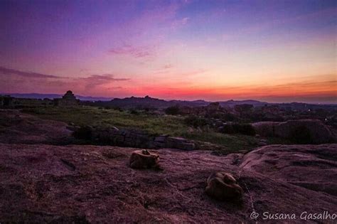 Sunset with view to the ruins of Hampi, India