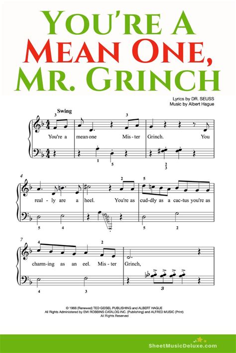 You're A Mean One Mister Grinch- Easy Piano Sheet Music | Christmas ...