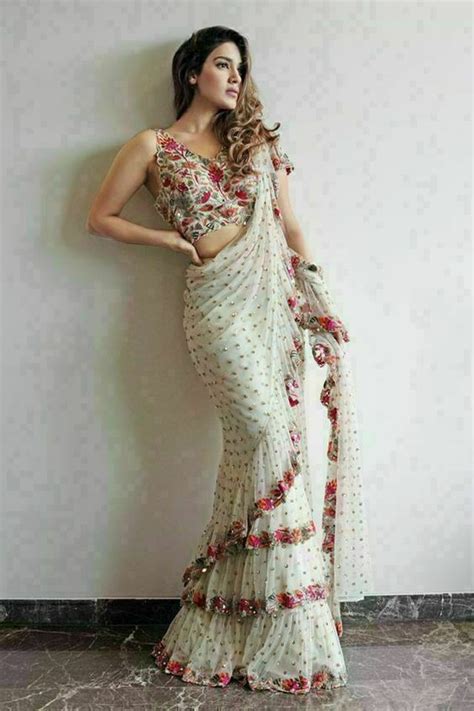 White Ruffle Sari Indian Bollywood Designer Embroider Georgette Party Wear sari #mumtazfashion # ...