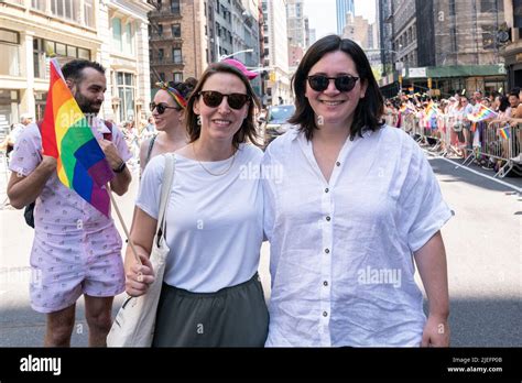 New York, NY - June 26, 2022: US Senator Chuck Schumer daughter Alison (R) and her spouse ...