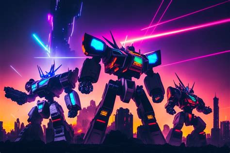 b0untyf3tt: huge mecha robots holding up ghetto boombox speakers and lowered dark purple neon ...