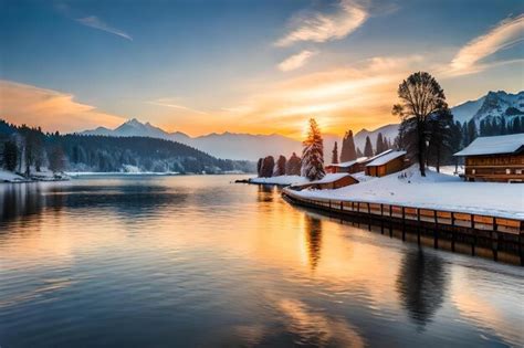 Premium Photo | A winter sunrise over lake