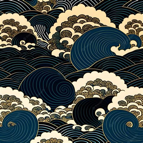 Premium Photo | A blue and gold japanese style illustration of waves ...