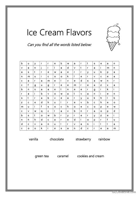 Ice Cream Flavors word search: Español ELE hojas de trabajo pdf & doc