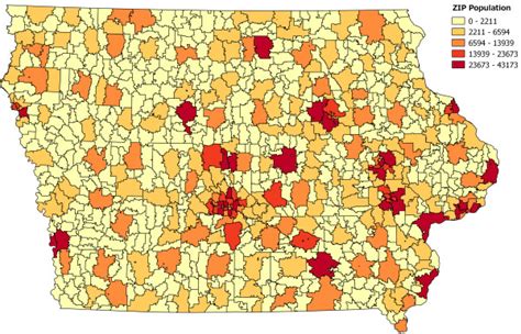 Map showing population distribution in Iowa by ZIP code. All 935 ZIP ...