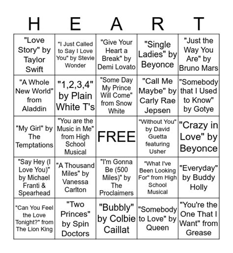 Love Song Bingo Card