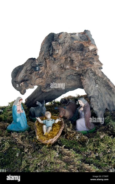 nativity scene with vintage handmade figures Stock Photo - Alamy