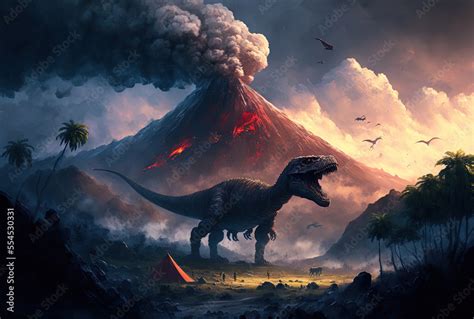 A volcano with smoke, mountains, dinosaurs, and greenery make up the ...