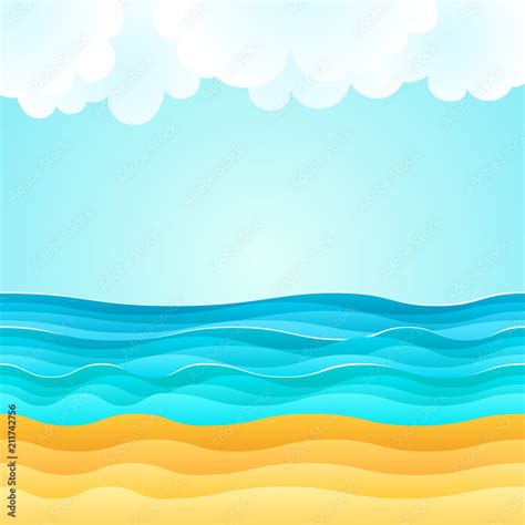 Summer cartoon of beach scene with sand beach, sea waves and fluffy clouds. Holiday vector ...