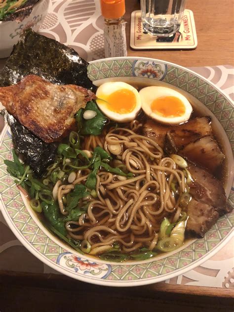 My first completely homemade ramen! Shoyu chicken broth with pork belly and chicken skin. : r/ramen