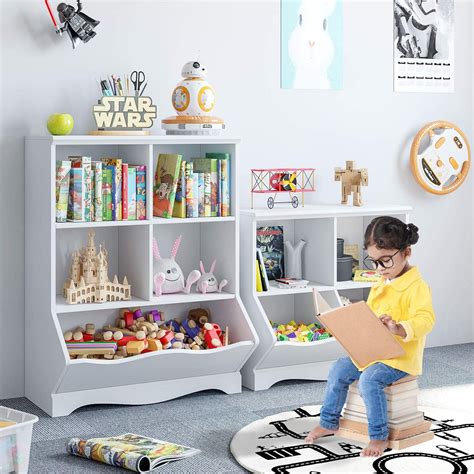 Kids Bookshelf, Wood Toy Storage Cabinet of 5 Bins, White Bookcase for ...