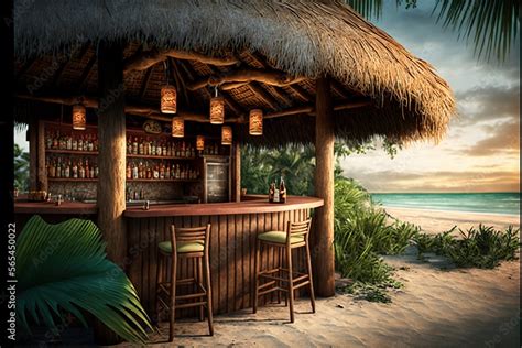 a bar with a tiki bar and a tropical beach scene in the background with palm trees and a sunset ...