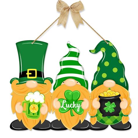 St Patrick's Day Shamrock Wooden Welcome Sign,Lucky Charm Irish Gnome Hanging Door Sign,Rustic ...