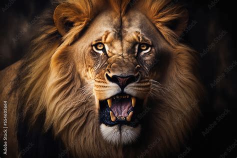 Roaring Wild african lion. Lion on dark background. Digital artwork ...