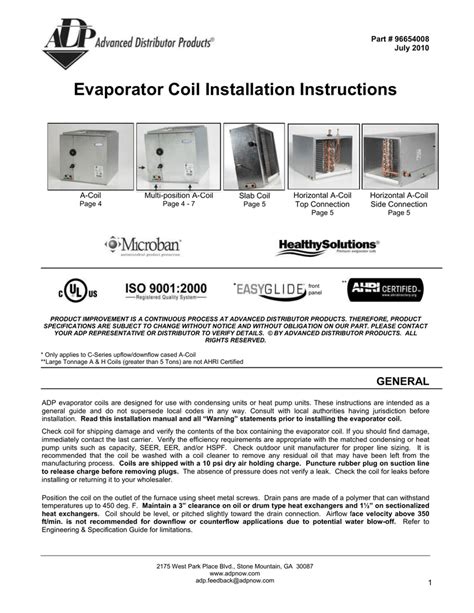 Evaporator Coil Installation Instructions *** A-Coil | Manualzz