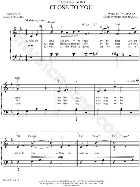 The Carpenters "(They Long to Be) Close to You" Sheet Music (Easy Piano ...