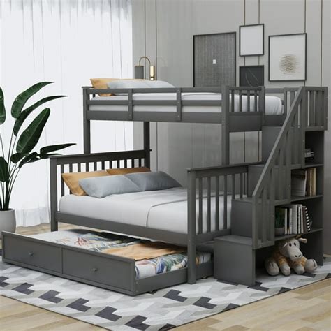 Modstyle Twin Over Full Bunk Bed with Storage Stairs and Trundle, Gray - Walmart.com