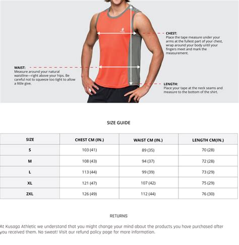 Mens ECODRY® run singlet size chart - Kusaga Athletic