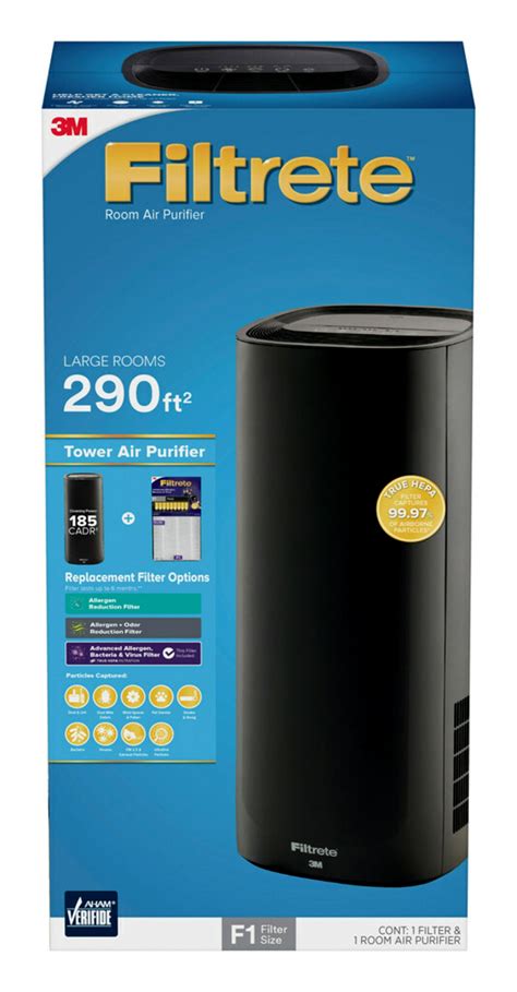 Filtrete by 3M Room Air Purifier, Large Room Tower, 290 SQ Ft Coverage, Black, TRUE HEPA Filter ...