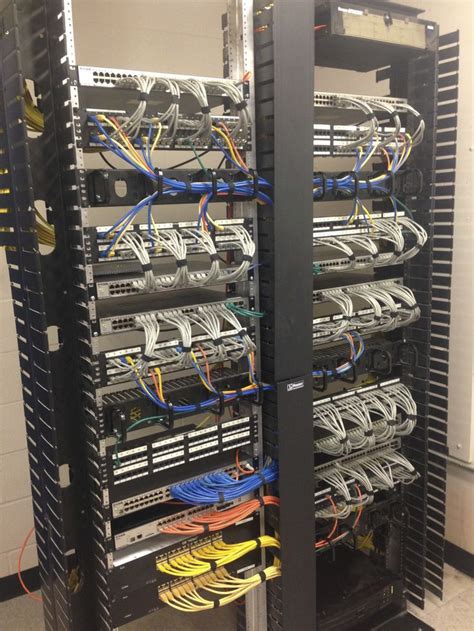 Making excellent use of 1 foot patch cables to tidy up a rack. Blue ...